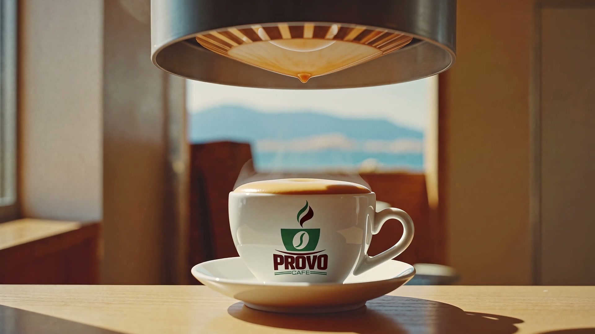 A full cup of espresso in a Provo Cafe branded cup by the window